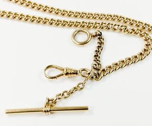 14K Yellow Gold Pocket Watch Cable Link Fob Chain T-Bar 32.2 grams - 14.5" Long
