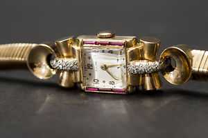 Anita handaufzug Schmuckuhr 750 Gold 18kt - 16 Brillanten & Rubin Armbanduhr