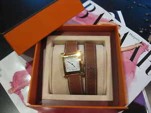 HERMES H HOUR WATCH MM GOLD PLATED DOUBLE BARENIA LEATHER STRAP $2900 - USED