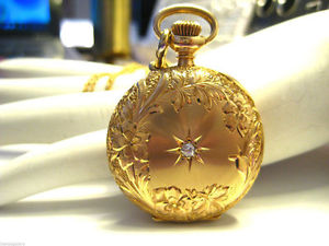 Antique Ladies Pocket Watch c1903 Waltham 14K Gold Diamond Center - T763