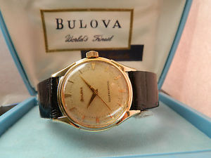 VINTAGE 1956 SOLID 14K GOLD LARGE BULOVA AUTOMATIC TROPICAL WATCH WITH BOX