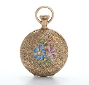 Antique 14k Yellow Gold Diamond  Enamel  Pocket Watch Pendant Ladies