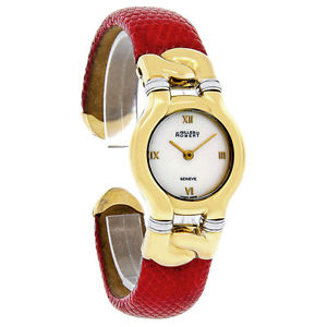 Gilles-Robert Ladies Mop 18K Gold Red Leather Cuff Bracelet Swiss Quartz Watch