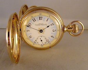 ANTIQUE WALTHAM 14k SOLID GOLD HUNTER CASE FANCY DIAL 18s POCKET WATCH YEAR 1886