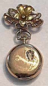 ANTIQUE 14K GOLD LADIES HUNTER CASE DIAMOND LAPEL WATCH w/ BROOCH