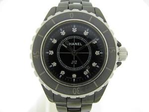 Auth CHANEL J12 Diamonds Wristwatch Ceramic H1625 Quartz Women Black