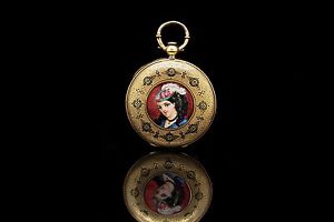 ANTQUE ORIGINAL PERFECT 18K GOLD ENAMEL LADY DECORATED POCKET WATCHES