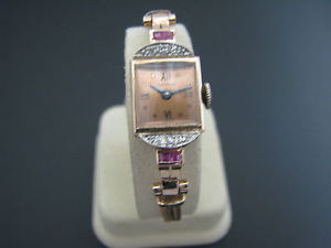 Vintage Lady 14k Rose Gold National Watch with Diamonds and Rubies