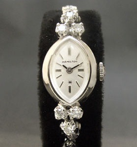 14K SOLID GOLD & DIAMONDS 60s Vintage HAMILTON 17J SWISS LADY COCKTAIL WATCH