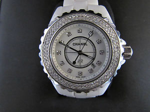 Chanel J12 33mm Ceramic watch in white with diamond dial and diamond bezel