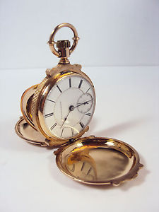 Elgin BW Raymond 18s 14k Gold Railroad Pocket Watch Hunter Case Lever Set 1881