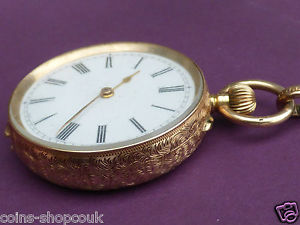 STUNNING 14CT GOLD SWISS FOB WATCH  & 9 CT ALBERT CHAIN, BEAUTIFULLY ENGRAVED