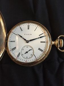 Elgin Hunter Case 14 Karat Solid Gold Size 16 Pocket Watch 3-Finger Bridge Runs