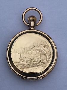 Solid Gold 17J Scenic Railroad Sawmill 18s Huge Hunter Elgin Pocket Watch