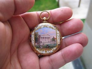 VERY RARE ANTIQUE 18K GOLD ENAMEL GREEK ACROPOL SCENE POCKET WATCH 1850'S