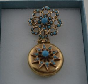 PW341  14K GOLD VINTAGE HAND WINED LADIES LAPEL WATCH 15 JEWELS WITH TURQUISE.