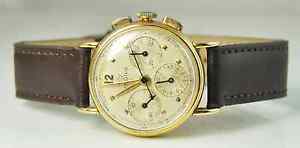 Vintage 1940's Lemania Chronograph 18k Gold 30mm Case Rare cal. 2510 3 Register