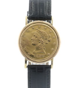 Bueche Girod Ten Dollar Coin 18K Yellow Gold CG59961 Vintage Leather Strap Watch