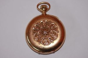 Elgin pocket watch 14K gold + diamond , 17 jewels - hunter case - 1906.