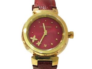 Auth Louis Vuitton Red/ Gold Metal/ Leather Tambour Limited Edition Watch