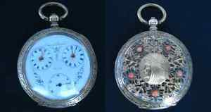 VINTAGE OTTOMAN MILITARY EDOUARD QUARTIER SILVER DUAL TIME SWISS POCKET WATCH