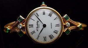 Ladies A. Barthelay Solid 18K Yellow Gold Natural Emerald & Diamond Wrist Watch