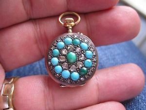 ANTIQUE ORIGINAL  SWISS 14K GOLD DIAMOND TURQUOISE LADIES PENDANT WATCH CHINESE