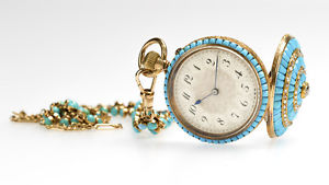 Antique GP Wehlan & Co 18k Y Gold Turquoise Rose Cut Diamond Pocket Watch