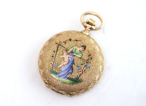14kt Yellow Gold Petite Pocket Watch w/ Enamel Mother and Child, Matte Finish